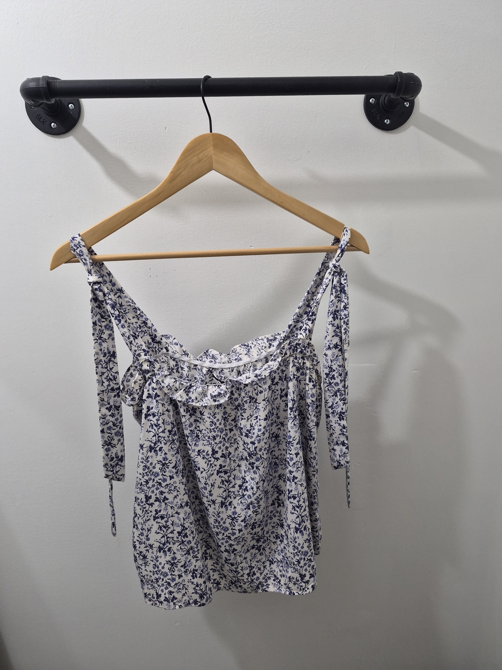 Reformation White and Blue Floral Tie-Strap Ruffle Camisole